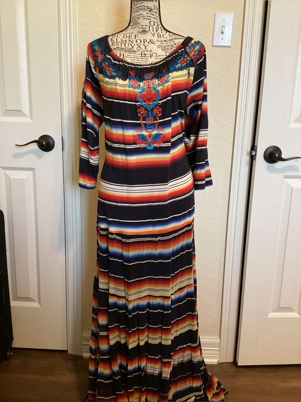 Vintage Striped Embroidered Maxi Dress - Black, Red, Blue, Cream